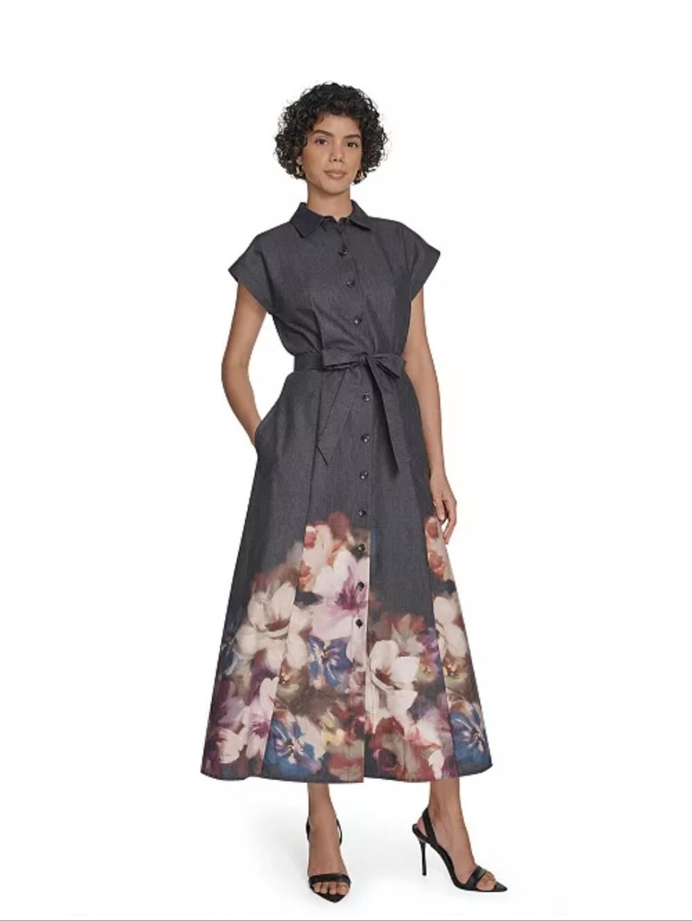 NWT Calvin Klein Size 2P Black Floral Button Front Belted Midi Shirt Dress Party